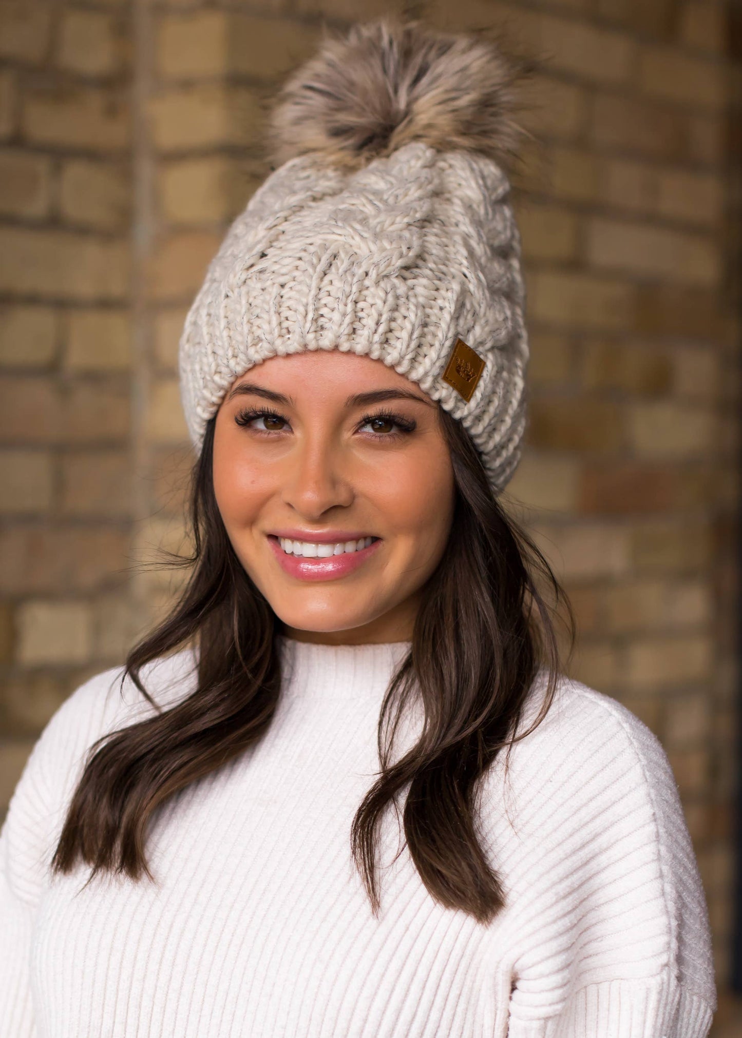 Beige Cable Knit Pom Hat