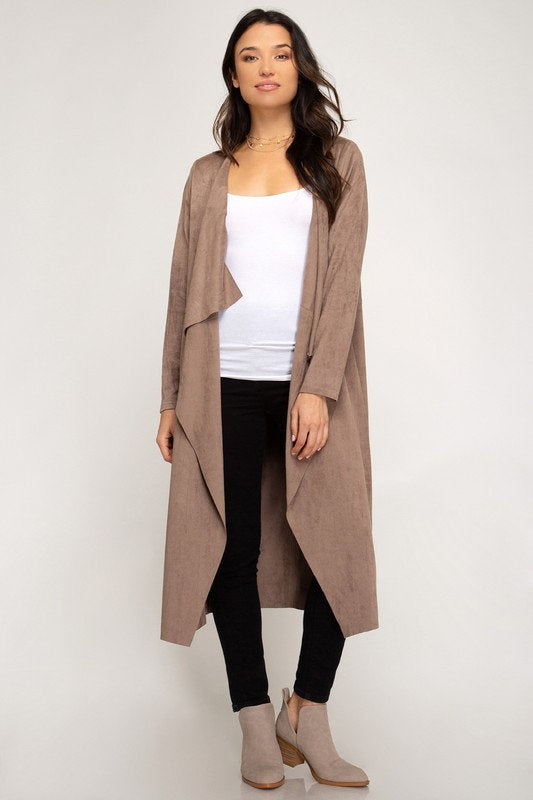 Open Front Long Suede Cardigan