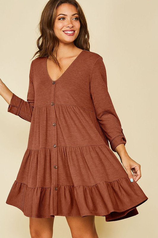 Maci Button Down Ruffle Dress Brick