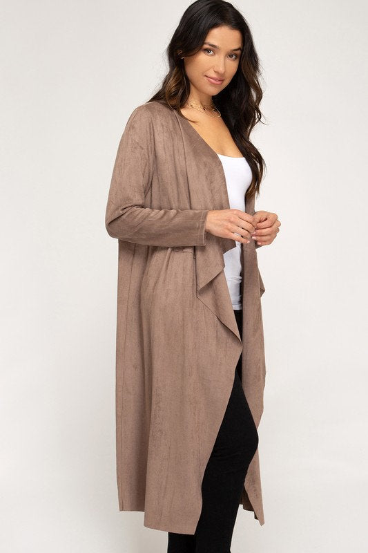 Open Front Long Suede Cardigan