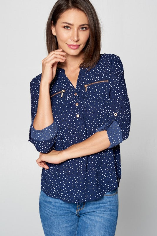 Navy Polka Dot Zipper Blouse