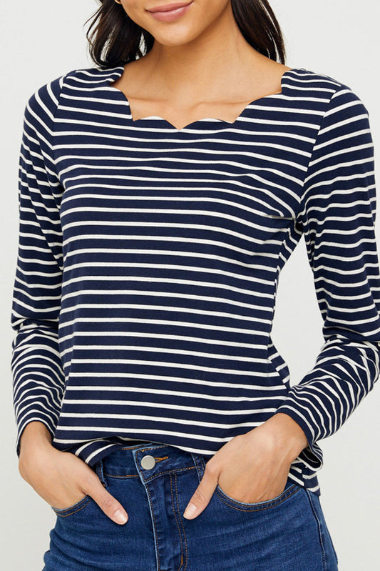 Scalloped Neck Long Sleeve Navy