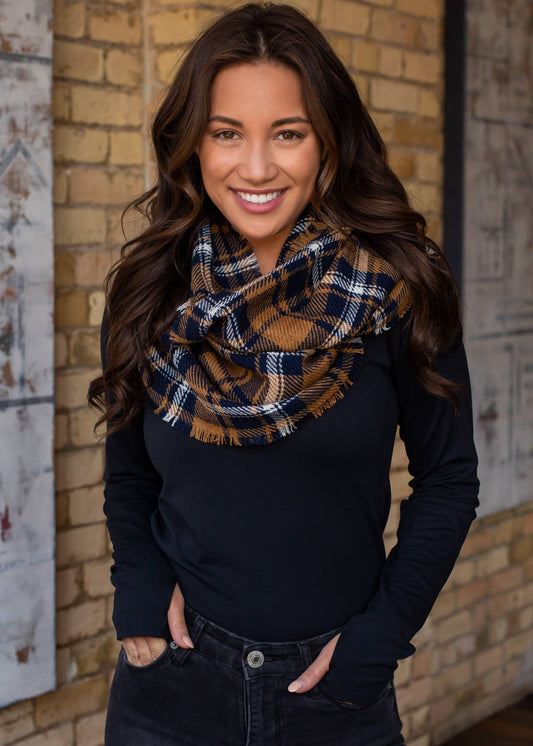 Plaid Infinity Scarf Camel Navy