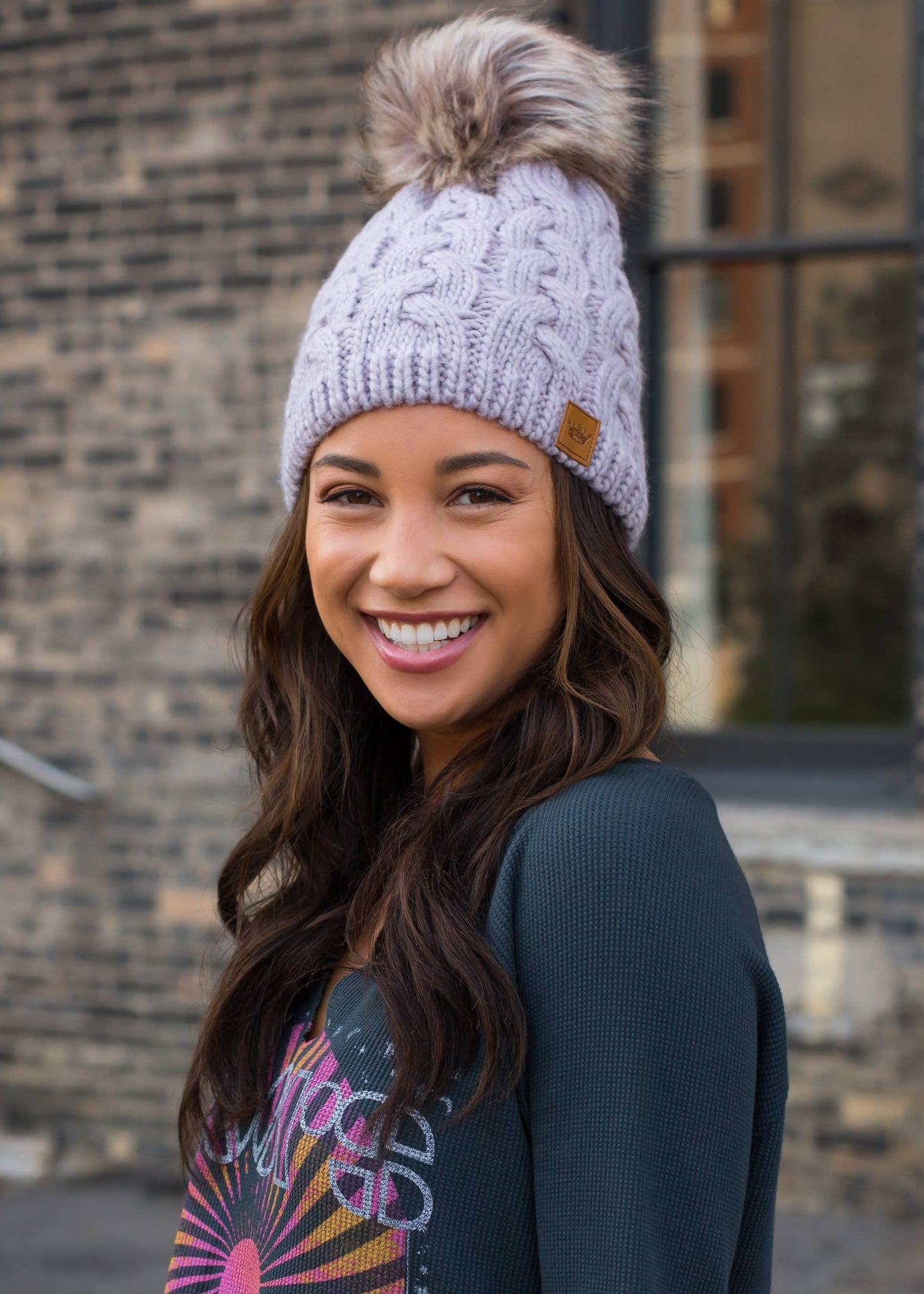 Lilac Braided Knit Pom Hat