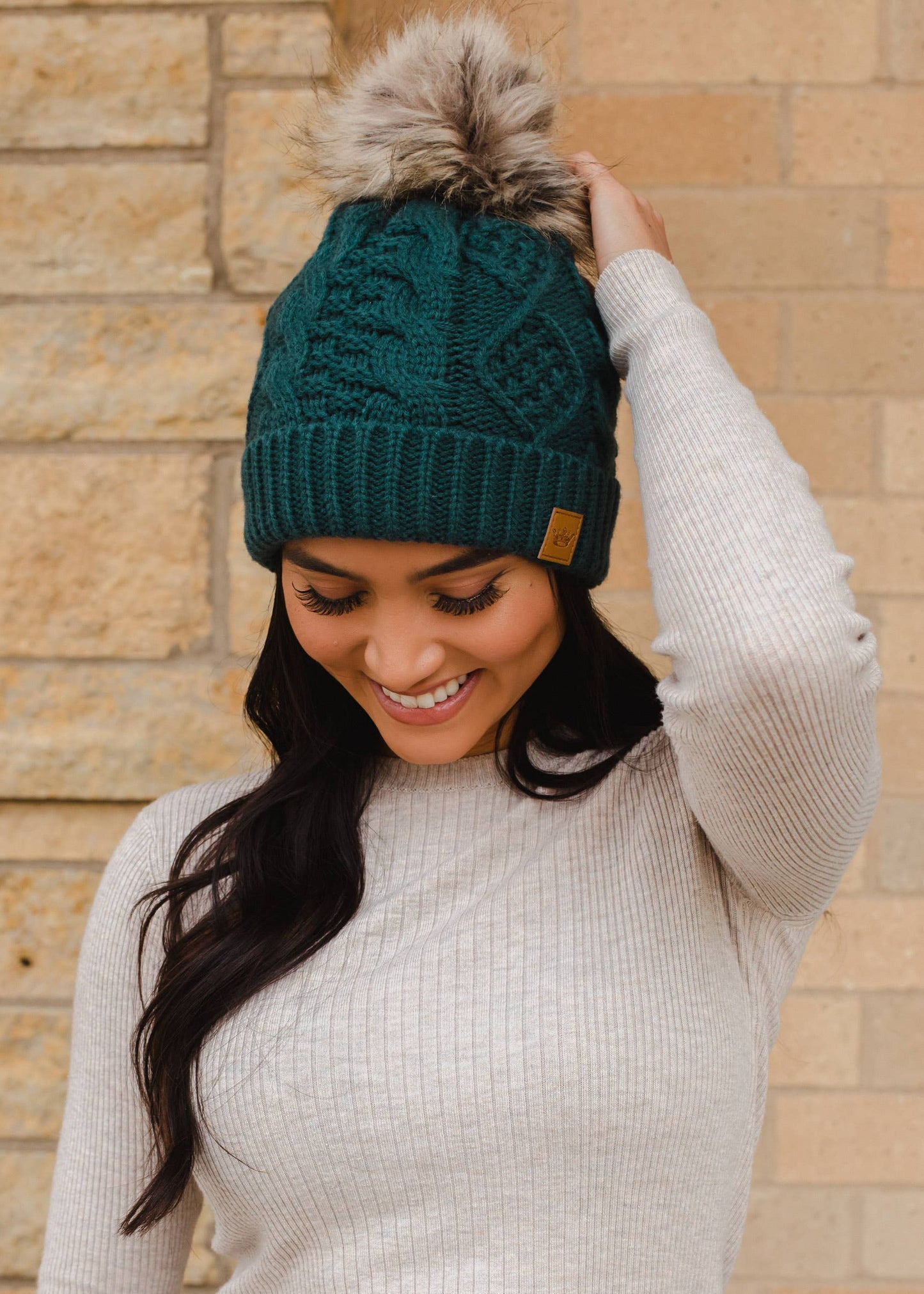 Deep Teal Cable Knit Pom Hat