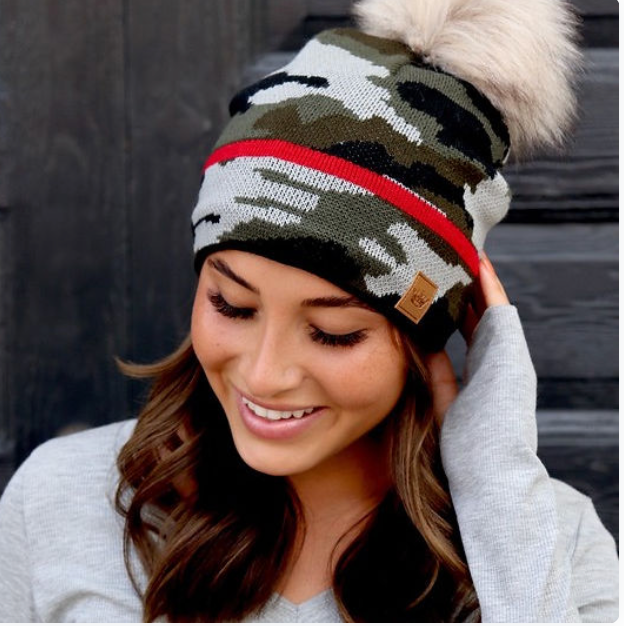 Green & Gray Camo Pom Hat