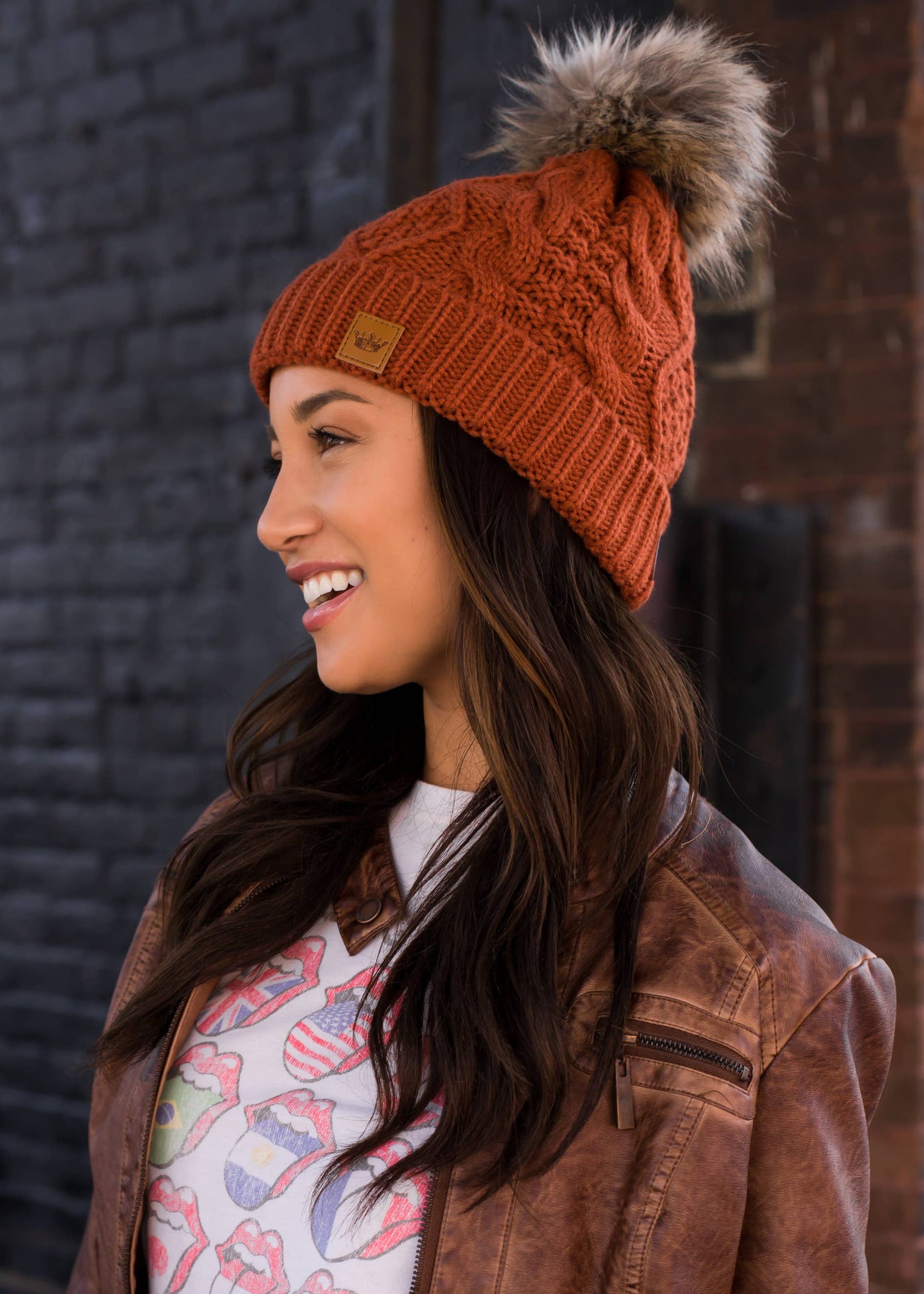 Rust Cable Knit Pom Hat