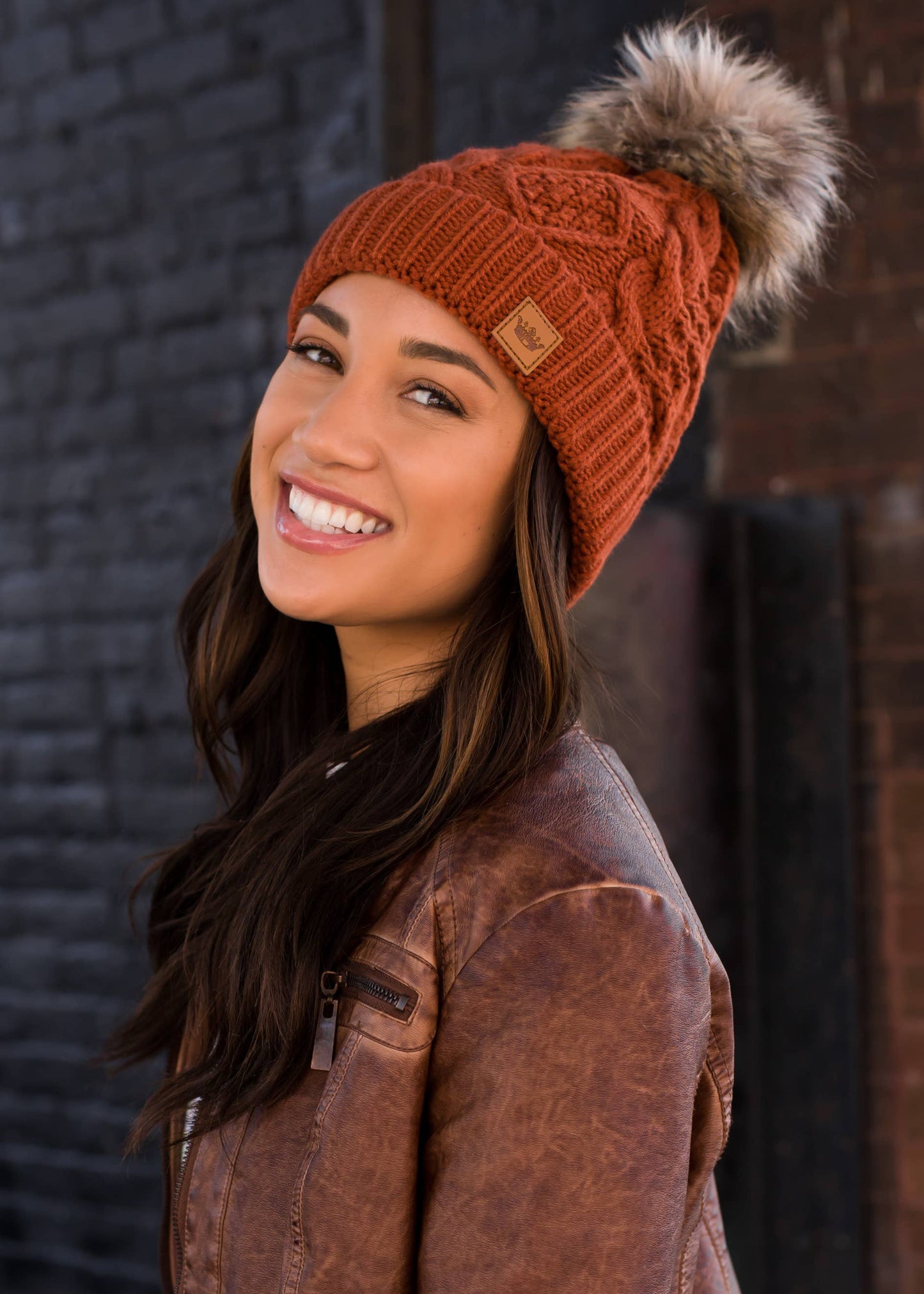 Rust Cable Knit Pom Hat